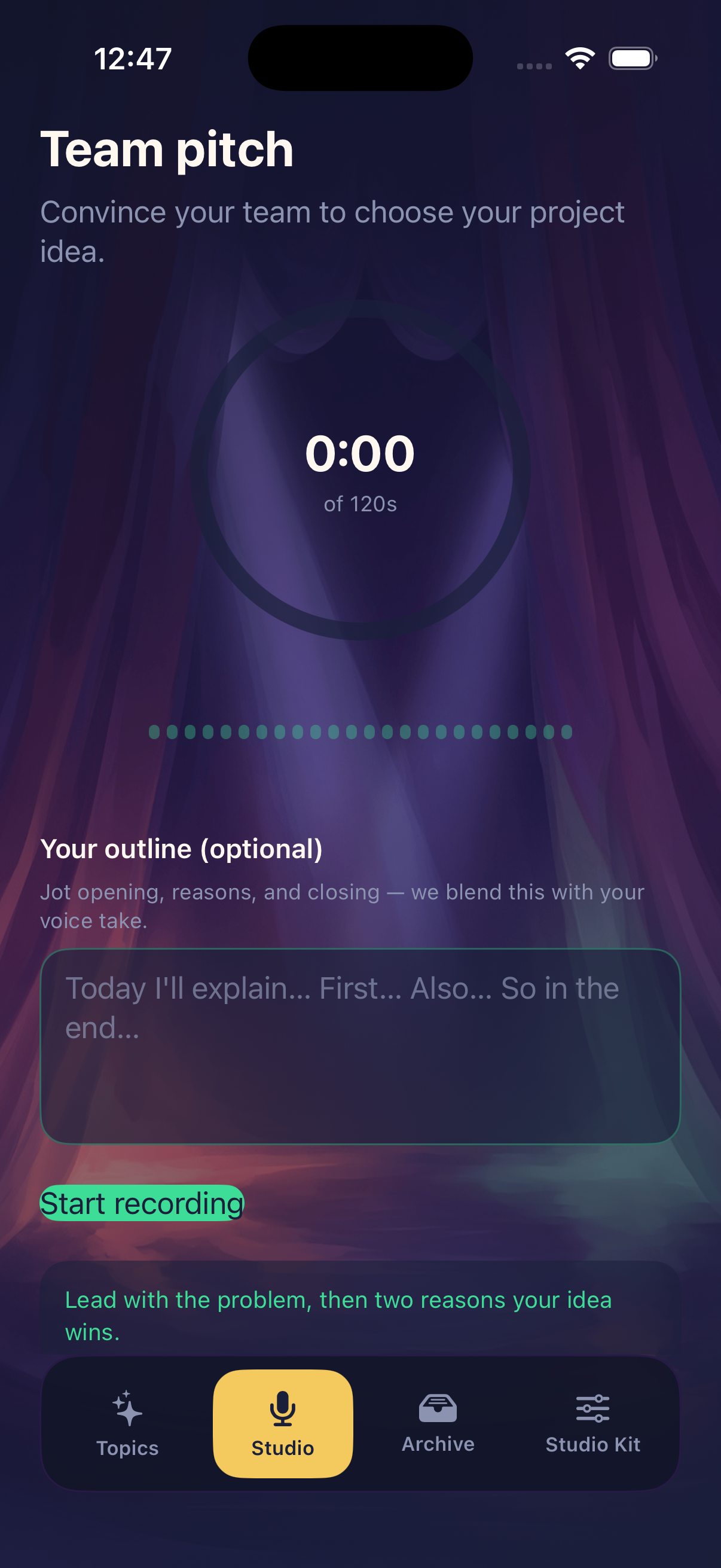SpeakUp studio recording screen